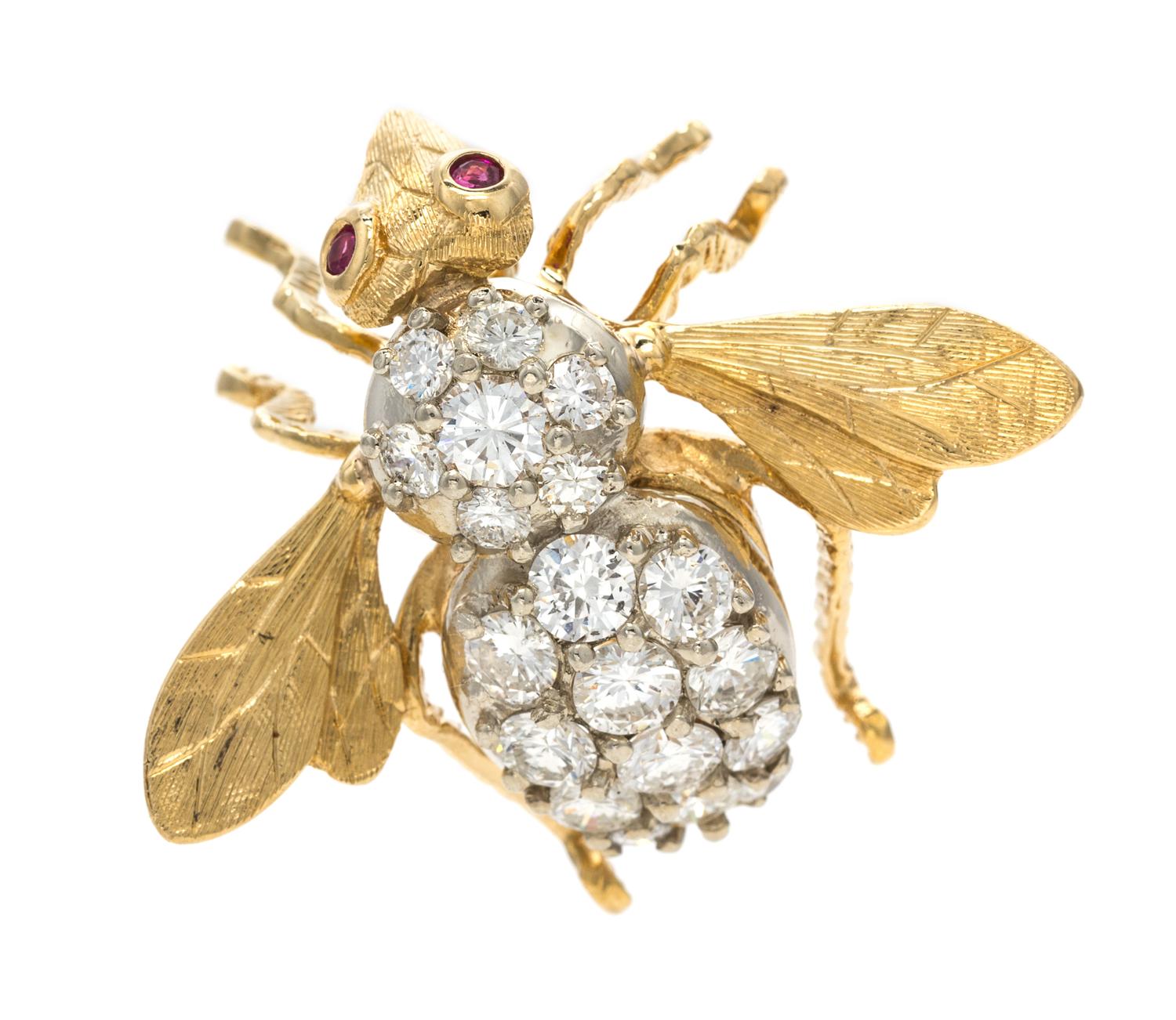 An 18 Karat Yellow Gold, White Gold, Diamond and Ruby Bee Brooch, Herbert Rosenthal, 5.80 dwts.