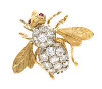 An 18 Karat Yellow Gold, White Gold, Diamond and Ruby Bee Brooch, Herbert Rosenthal, 5.80 dwts.