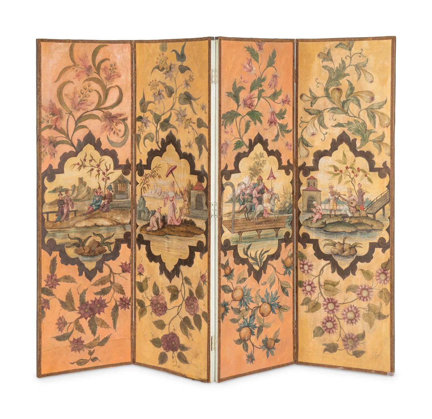A Polychrome Decorated Four-Panel Screen
