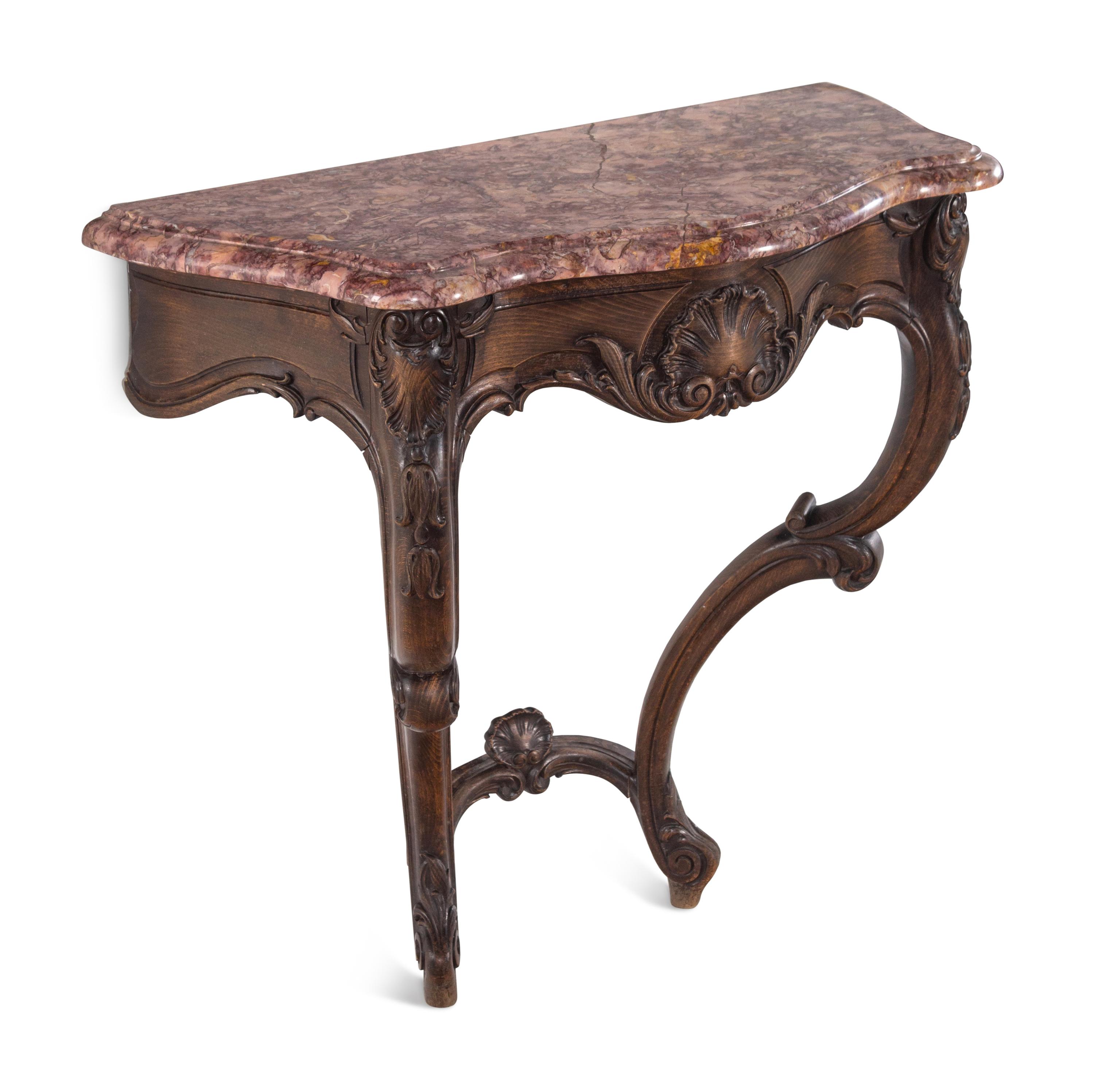 A Pair of Louis XV Style Walnut Marble-Top Console Tables