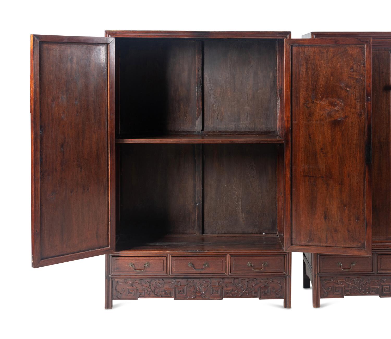 A Pair of Chinese Huali Square-Corner Cabinets, Fangjiaogui