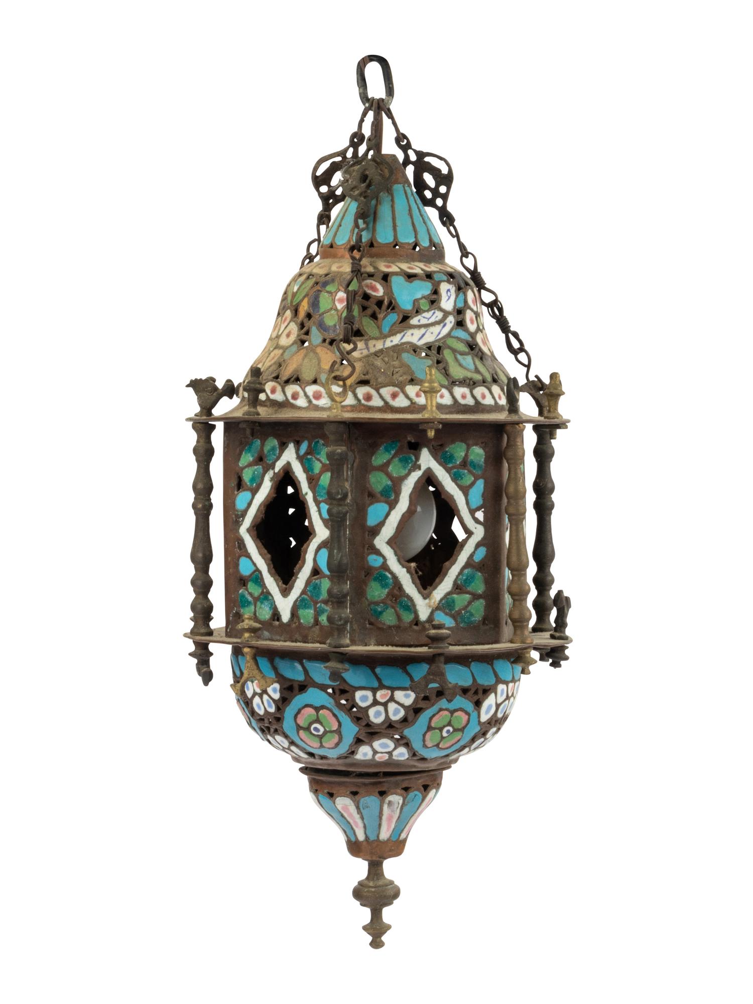 A Middle Eastern Enameled Brass Lantern