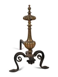 A Pair of Continental Gilt Bronze Lobed Baluster Andirons