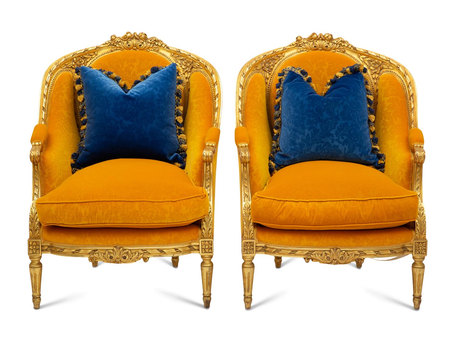 A Pair of Louis XV Style Giltwood Bergères