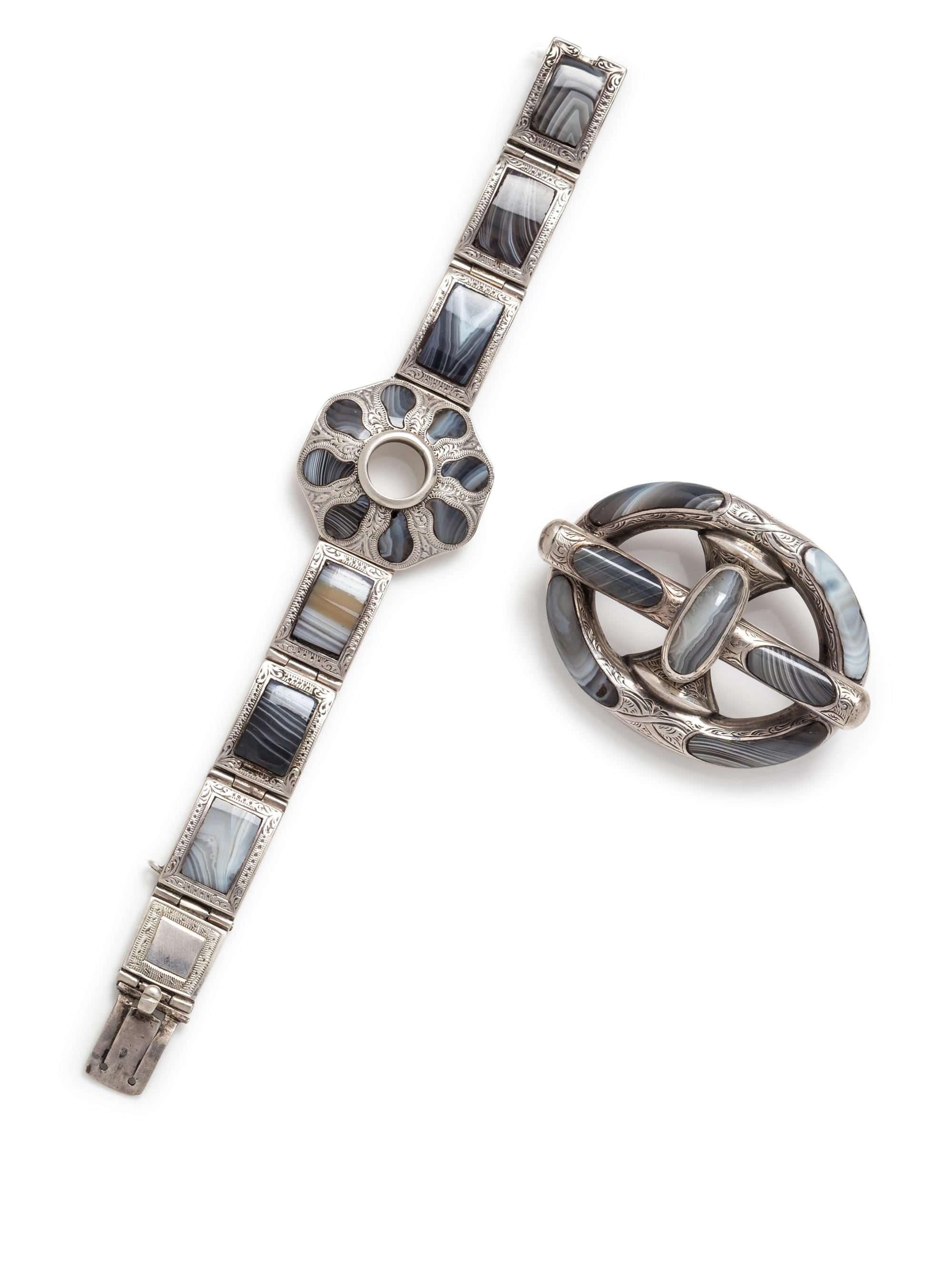 A Collection of Silver and Agate Jewelry, Scottish,