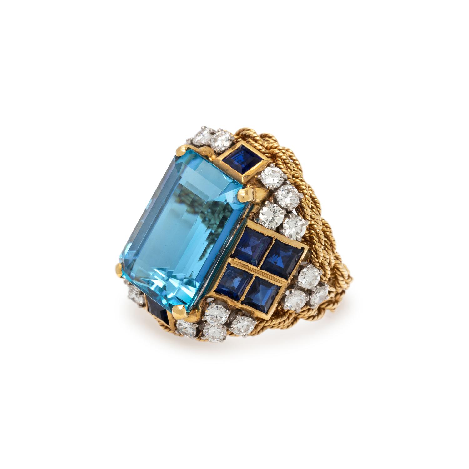 YELLOW GOLD, AQUAMARINE, SAPPHIRE AND DIAMOND RING