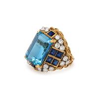 YELLOW GOLD, AQUAMARINE, SAPPHIRE AND DIAMOND RING