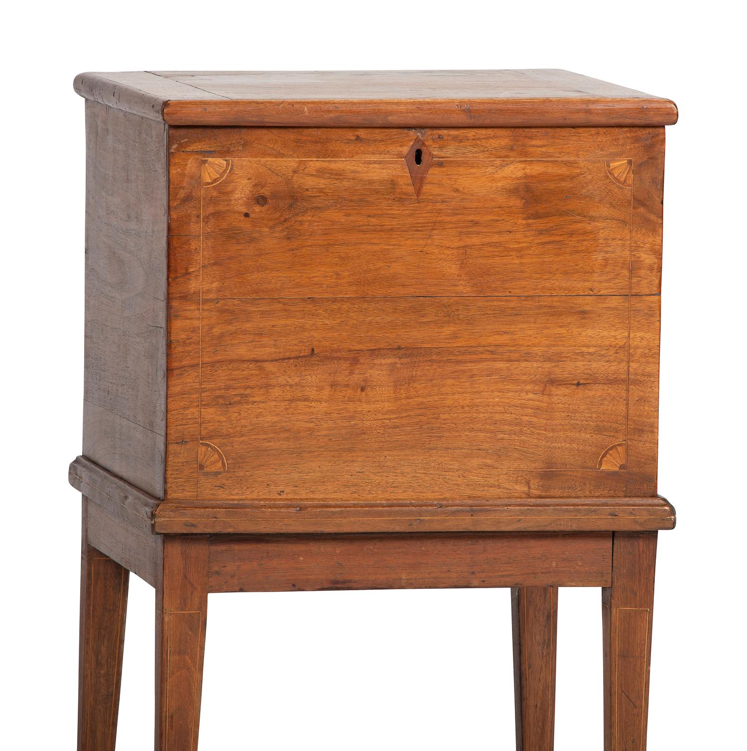 A Late Federal Inlaid Walnut and Cherrywood Sugar Chest on Stand