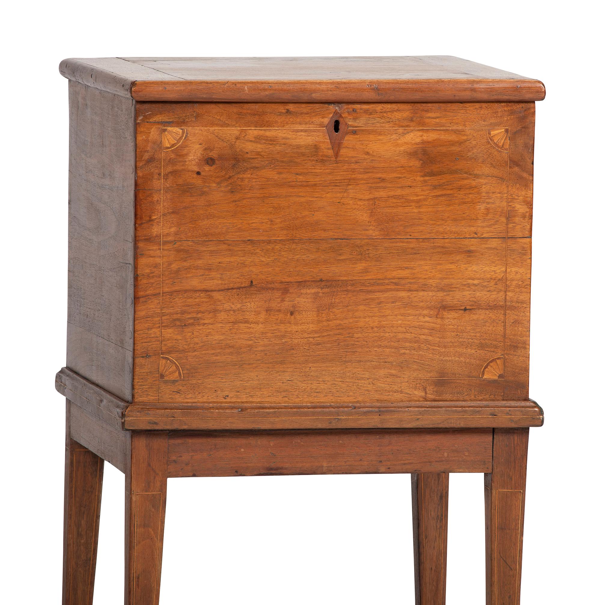 A Late Federal Inlaid Walnut and Cherrywood Sugar Chest on Stand