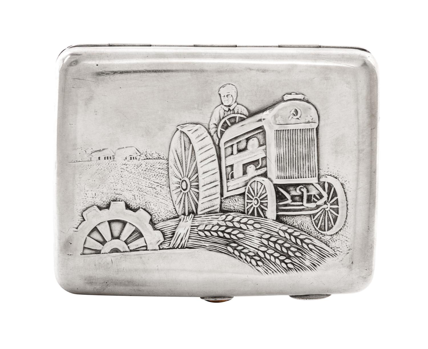 A Russian Silver Cigarette Case, Maker's mark Cyrillic MG, Moscow, early 20th century, the lid with raised decoration showing a man rid