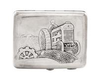 A Russian Silver Cigarette Case, Maker's mark Cyrillic MG, Moscow, early 20th century, the lid with raised decoration showing a man rid