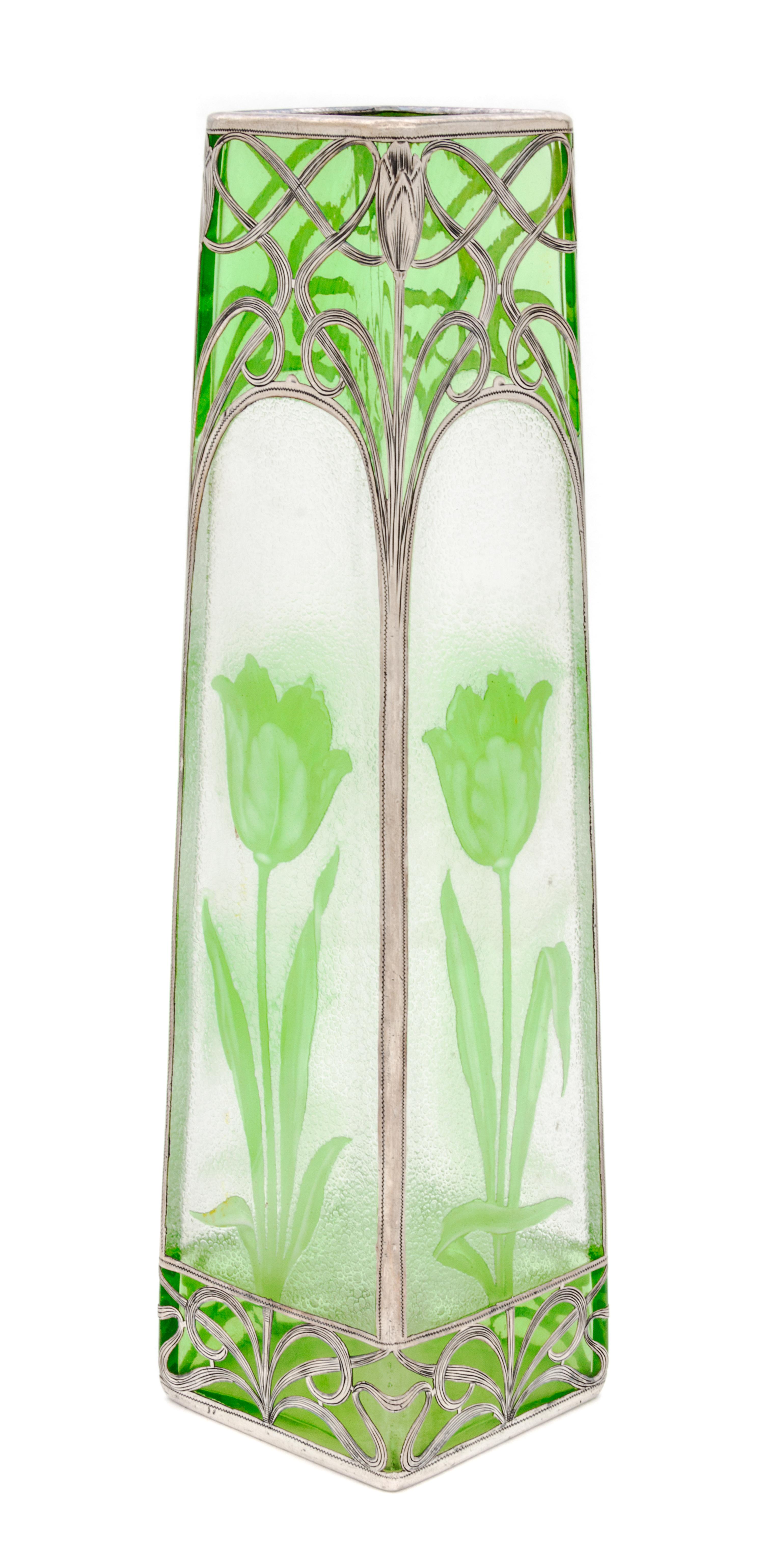 An Art Nouveau Cameo and Frosted Silver Overlay Glass Vase Height 11 inches.