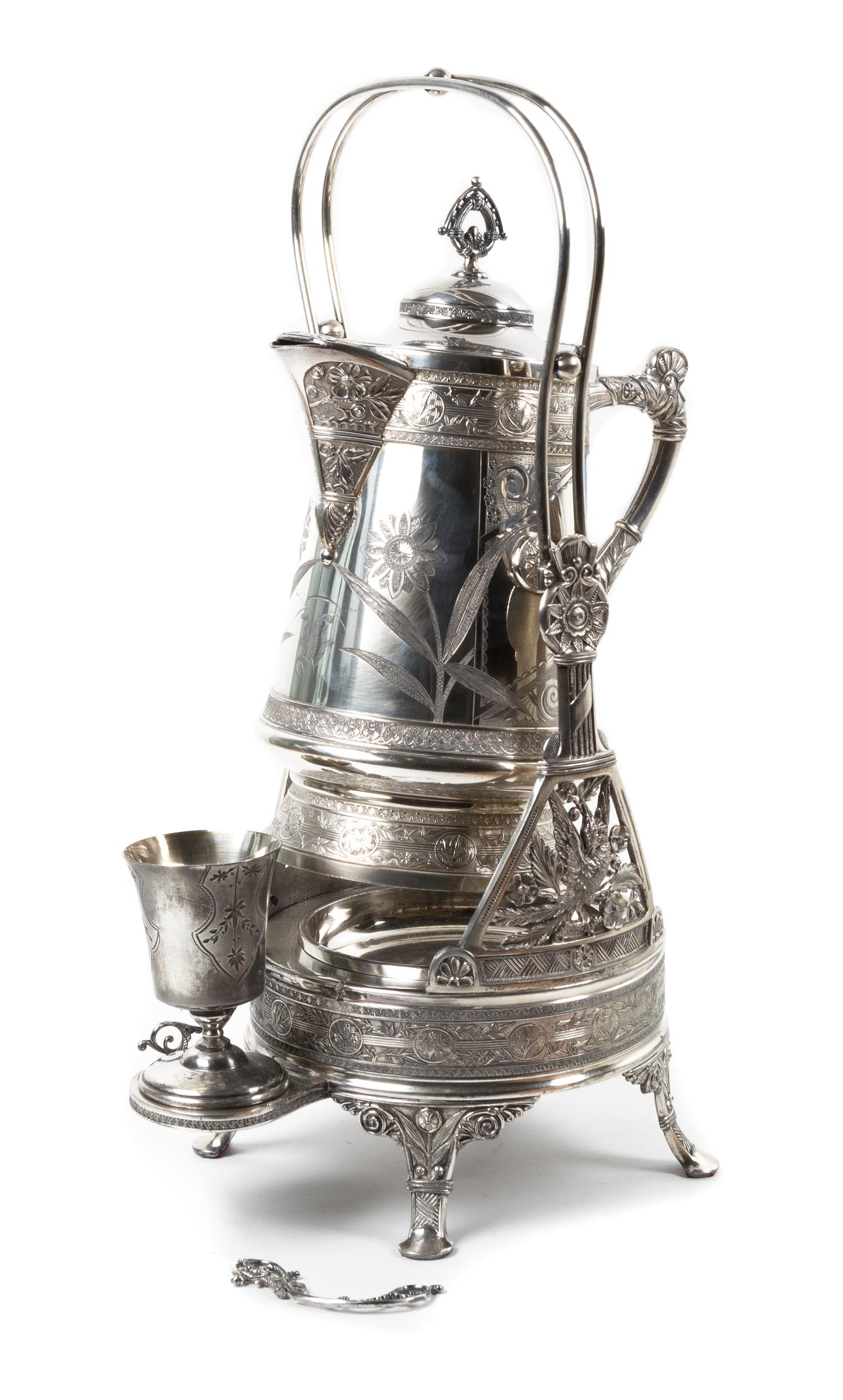 An Aesthetic Movement Silver-plate Kettle on Stand, Probably English, 19th Century, with chased and incised decoration depicting flower