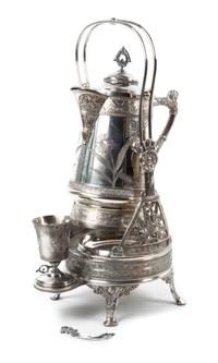 An Aesthetic Movement Silver-plate Kettle on Stand, Probably English, 19th Century, with chased and incised decoration depicting flower
