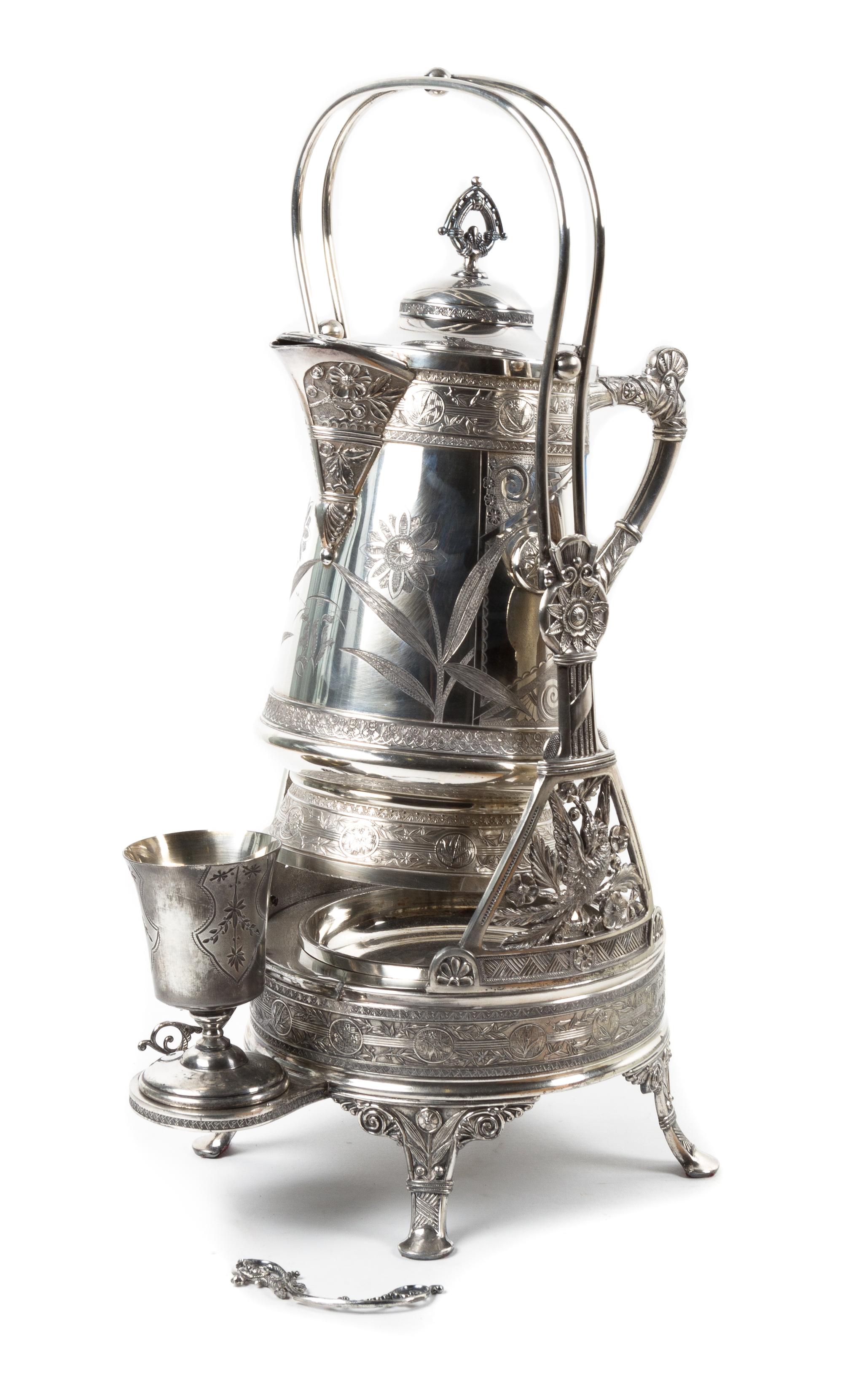 An Aesthetic Movement Silver-plate Kettle on Stand, Probably English, 19th Century, with chased and incised decoration depicting flower