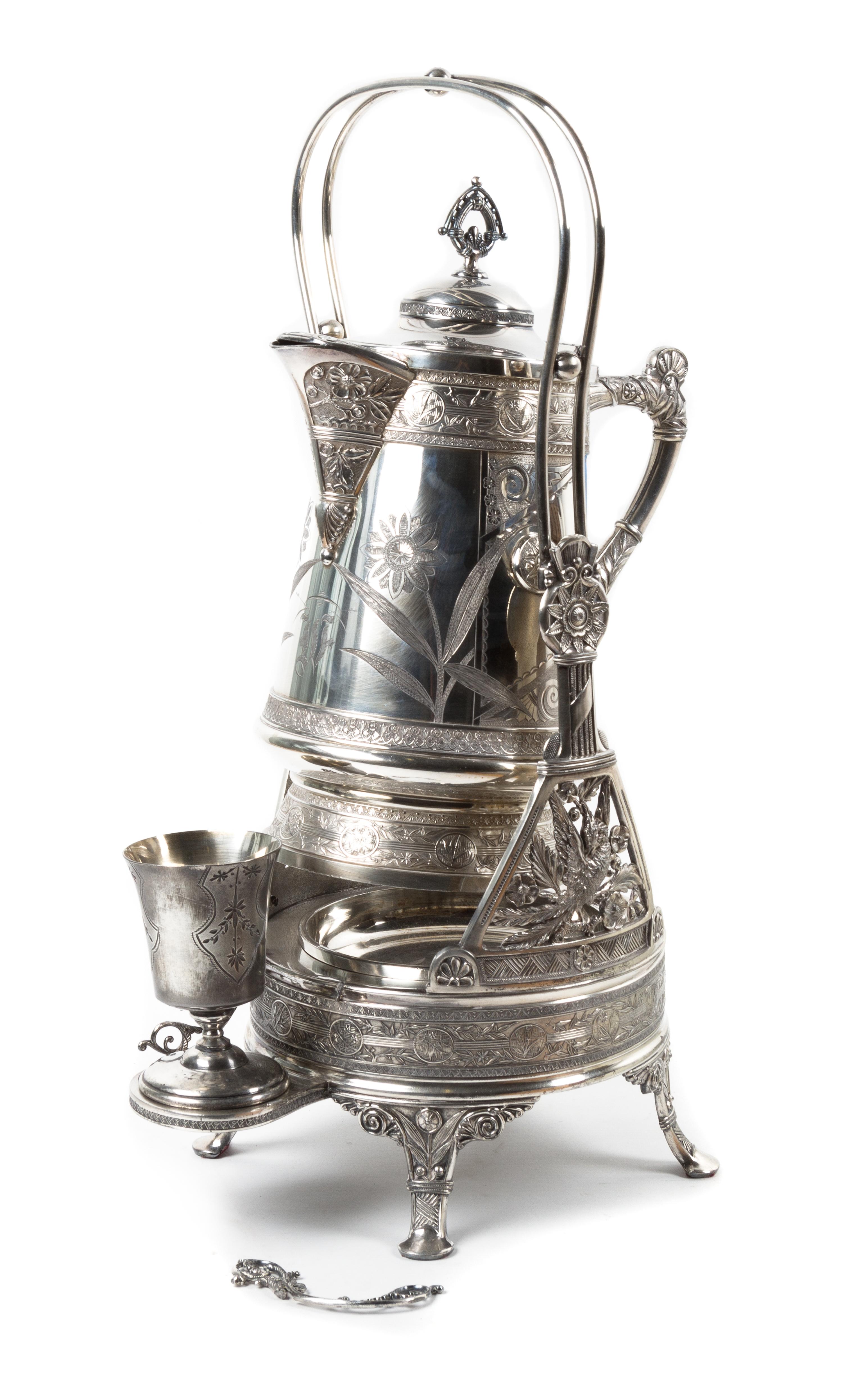 An Aesthetic Movement Silver-plate Kettle on Stand, Probably English, 19th Century, with chased and incised decoration depicting flower
