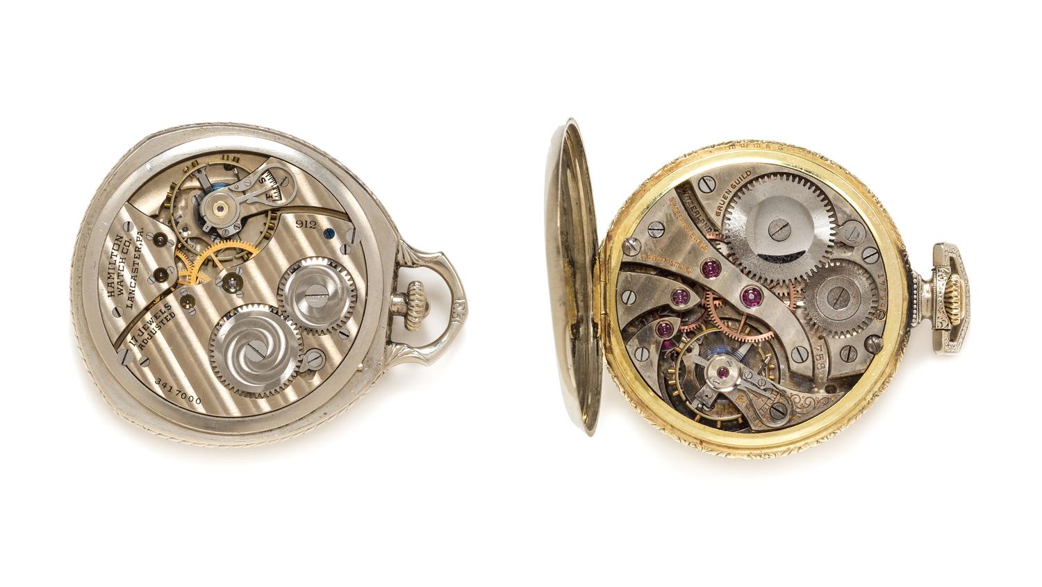 A Collection of Gold Filled Open Face Pocket Watches, Gruen and Hamilton, 71.00 dwts.