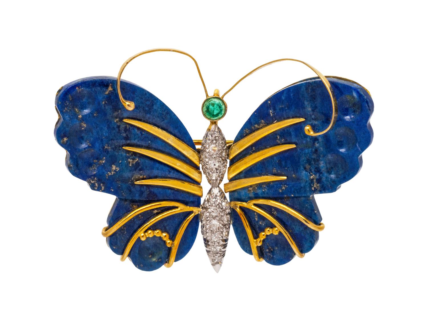 A Yellow Gold, Platinum, Diamond, Emerald and Lapis Lazuli Butterfly Pendant/Brooch,