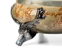 A Wedgwood Silver-Mounted Majolica Stags' Head Salad Bowl and Serving Spoons