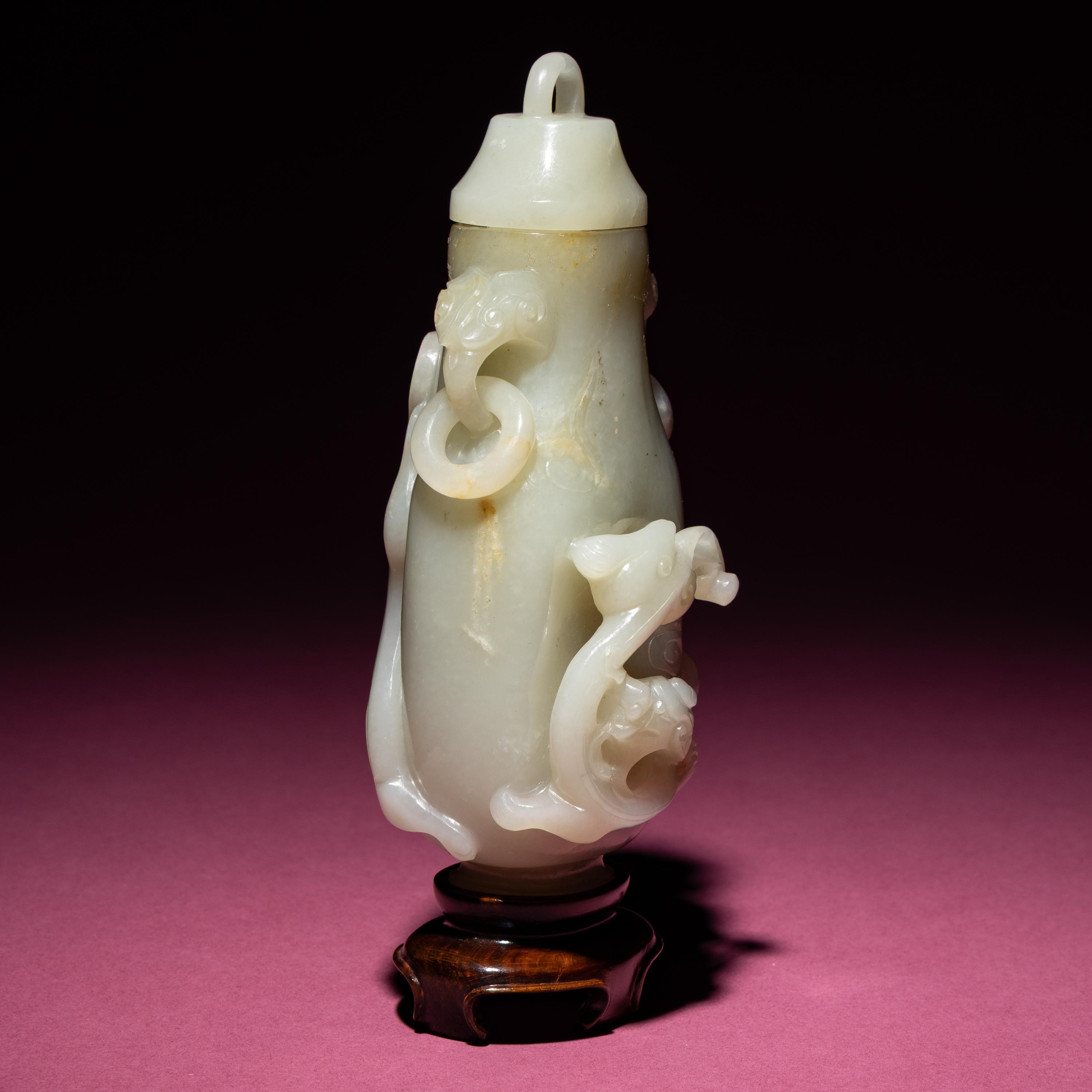 A Chinese Pale Celadon Jade 'Dragon' Covered Vase, 18th/19th Century — 清中期 青白玉螭龍紋雙耳賞瓶