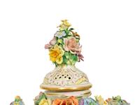 A Pair of Dresden Porcelain Floral Encrusted Urns — 20TH CENTURY