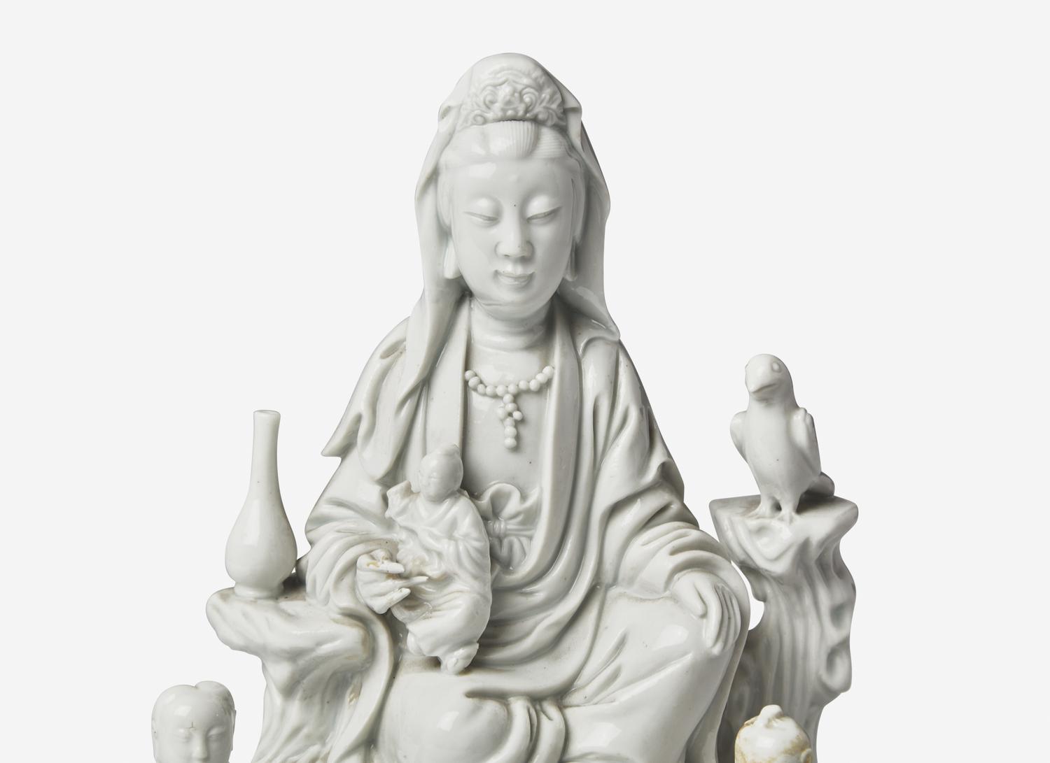 A Chinese Blanc-de-Chine Porcelain Figural Group of Guanyin and Attendants