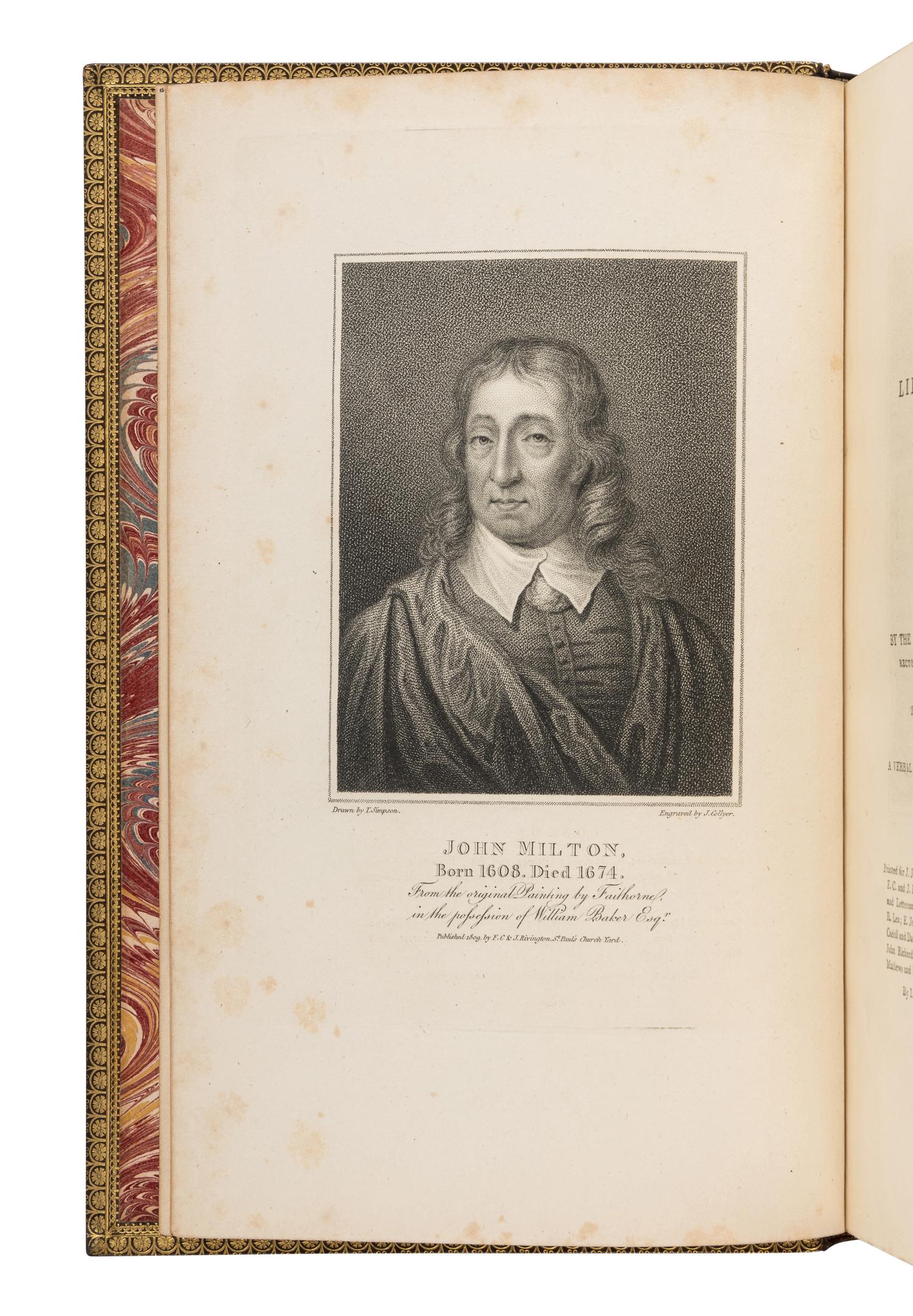 MILTON, John (1608-1674). The Poetical Works . 6 volumes. -- Some Account of the Life and Writings . Henry John Todd, editor. London: Bye and Law, and Law and Gilbert for J. Johnson et al, 1801-1809.