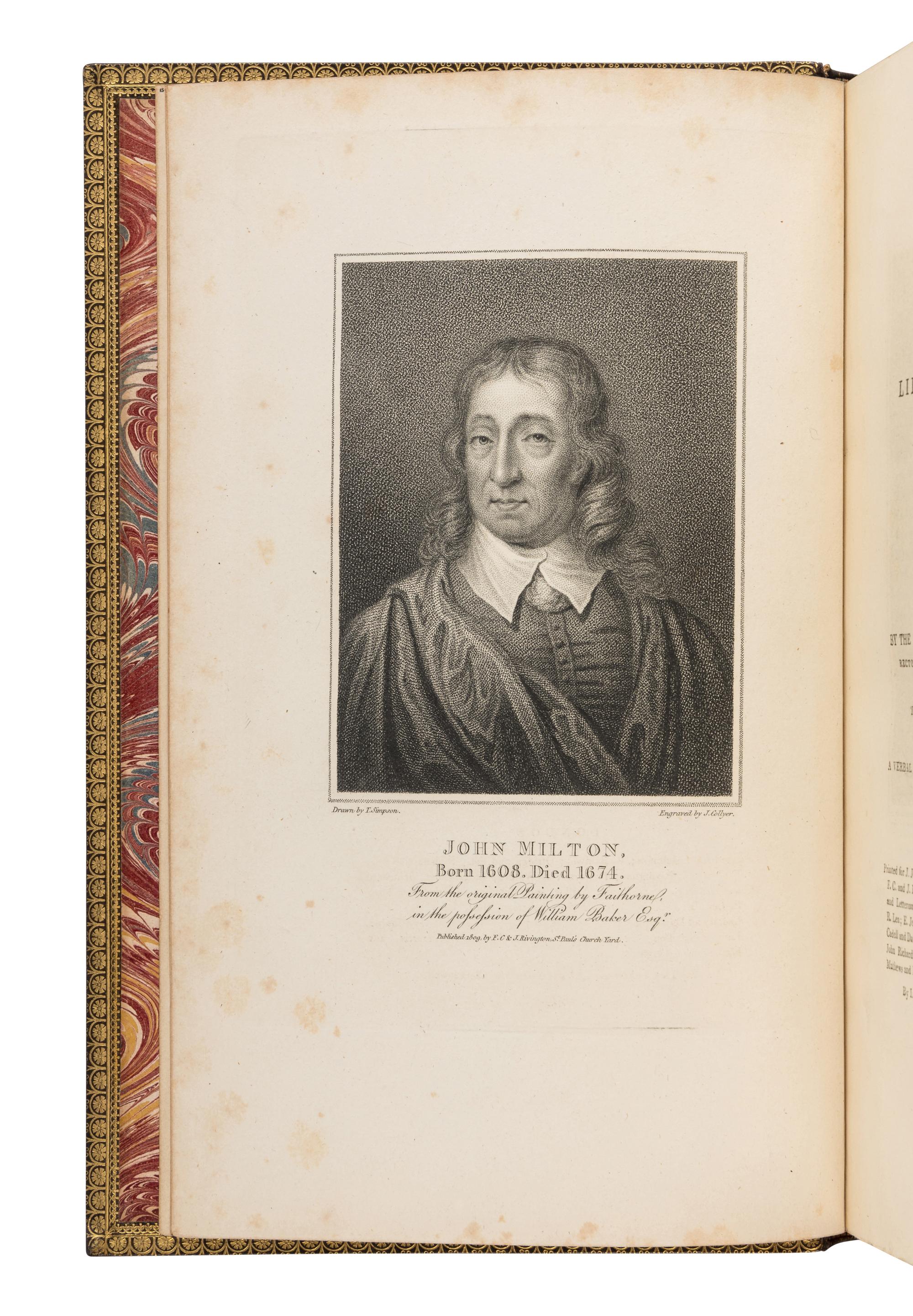 MILTON, John (1608-1674). The Poetical Works . 6 volumes. -- Some Account of the Life and Writings . Henry John Todd, editor. London: Bye and Law, and Law and Gilbert for J. Johnson et al, 1801-1809.