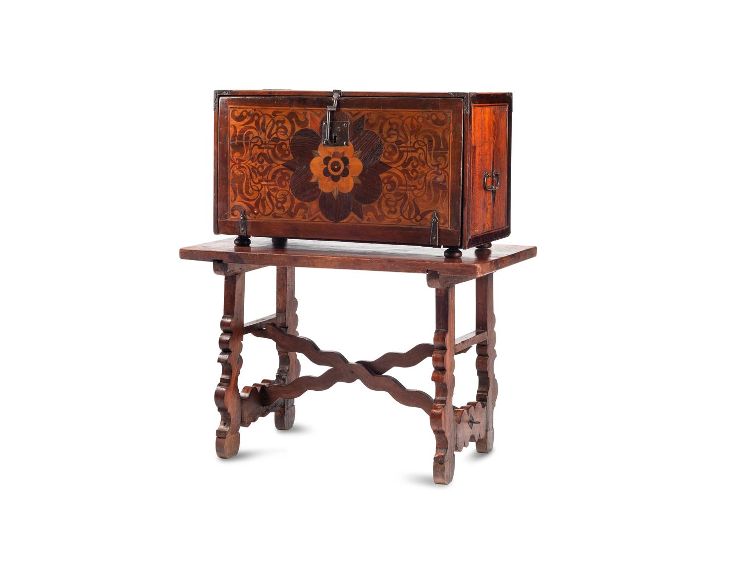 A Spanish Marquetry Vargueño and Stand