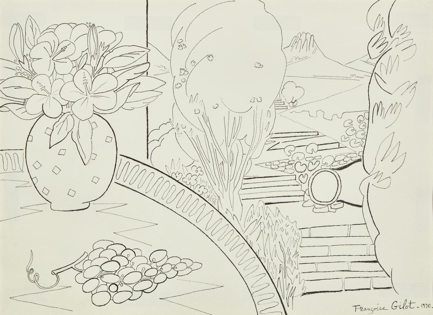 Paysage Grec avec Grappe de Raisin and Bouquet d’hibiscus Dans le Jardin , 1990 (a pair of works)