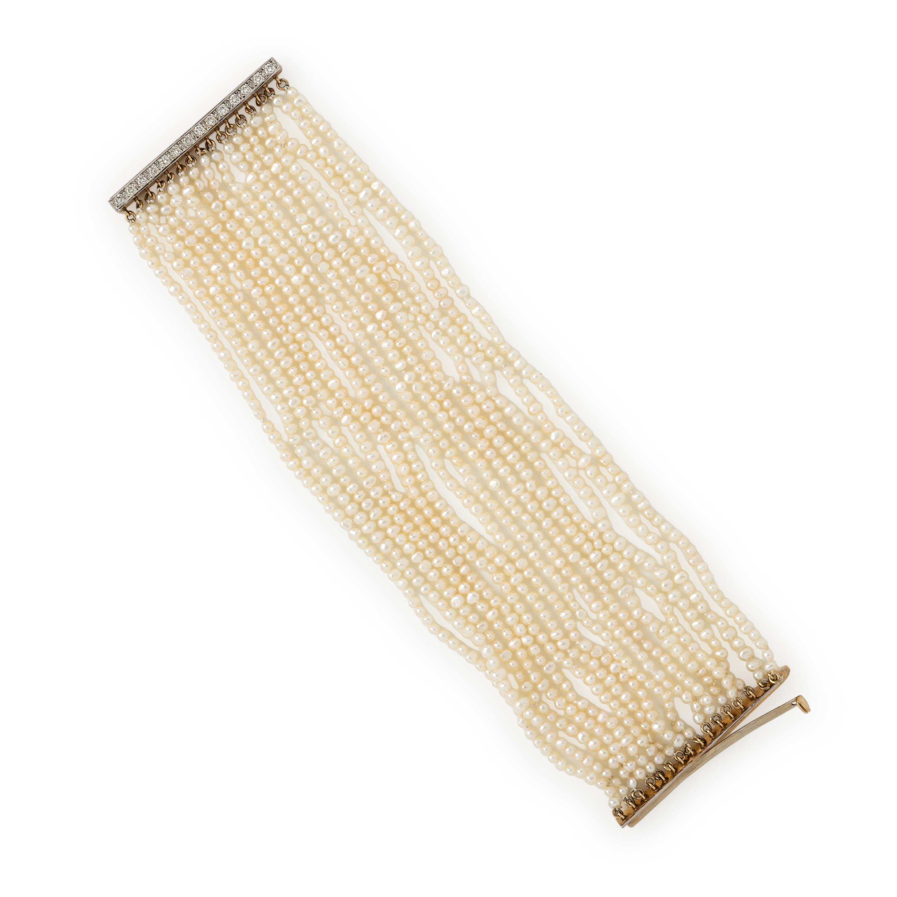 Seed Pearl, Diamond, and Yellow Gold Bracelet