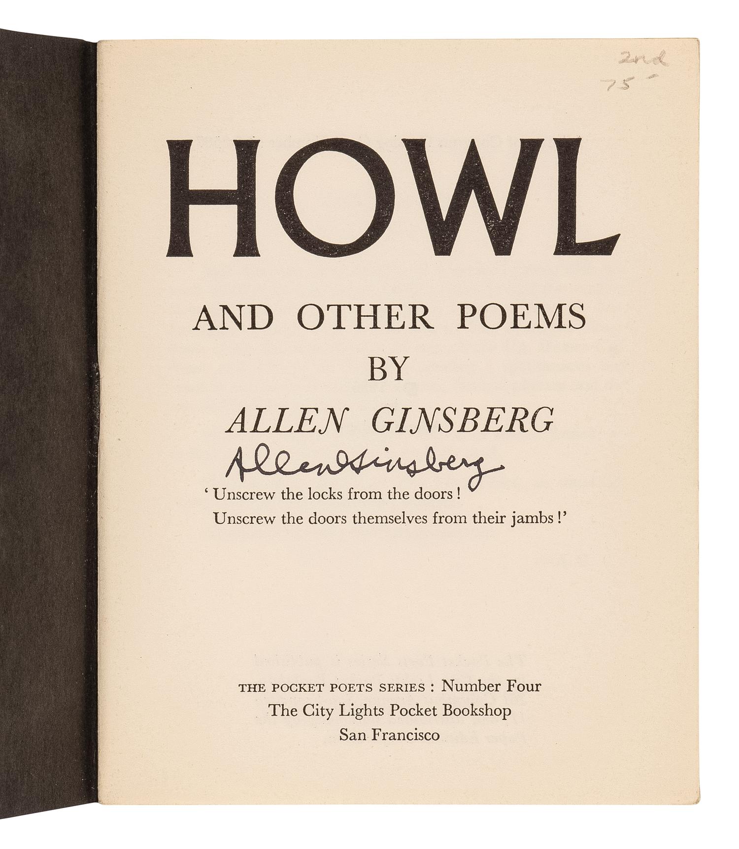 GINSBERG, Allen (1926-1997). Howl and Other Poems . San Francisco: City Lights Pocket Bookshop, [1956].