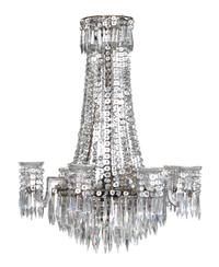 A Georgian Style Cut Glass Eight-Light Chandelier Height 44 inches.