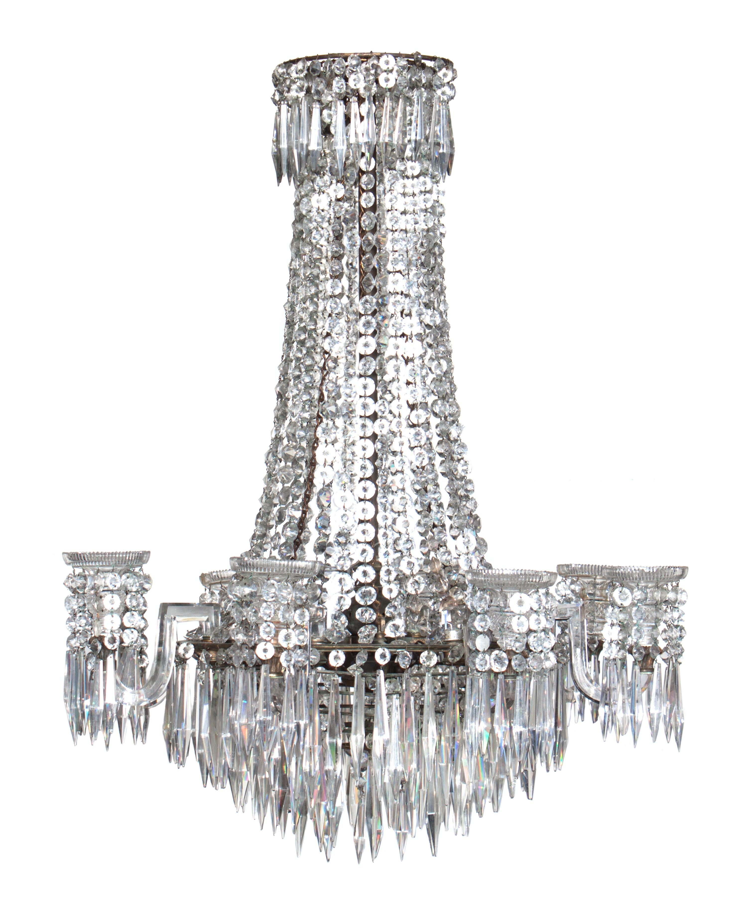 A Georgian Style Cut Glass Eight-Light Chandelier Height 44 inches.