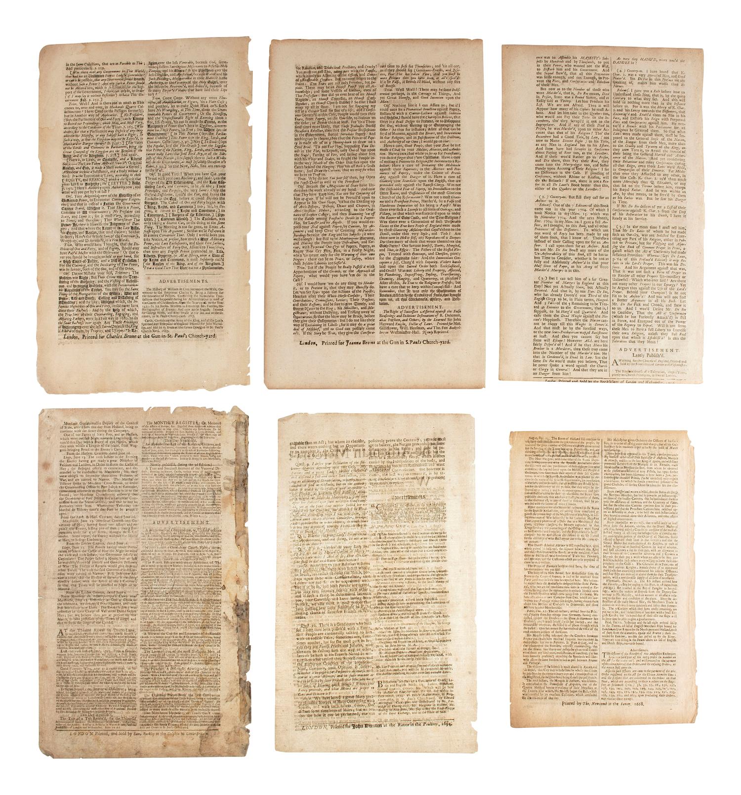 [NEWSPAPERS] -- [ENGLAND]. A group of 18 late 17th-early 18th century newspapers published in London, incl. The London Gazette, The Observator, The Daily Courant , and T he Rehearsal .