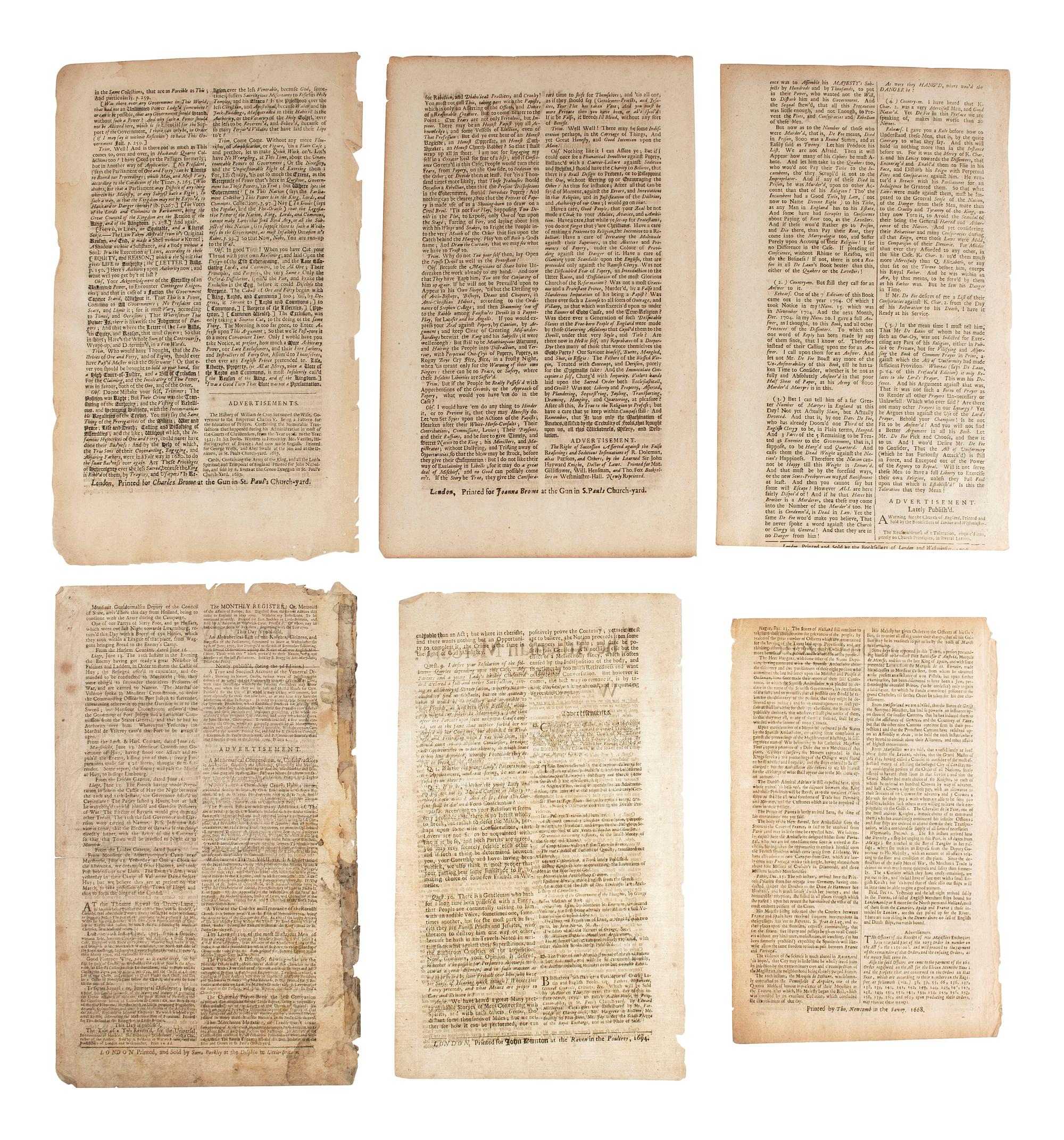 [NEWSPAPERS] -- [ENGLAND]. A group of 18 late 17th-early 18th century newspapers published in London, incl. The London Gazette, The Observator, The Daily Courant , and T he Rehearsal .