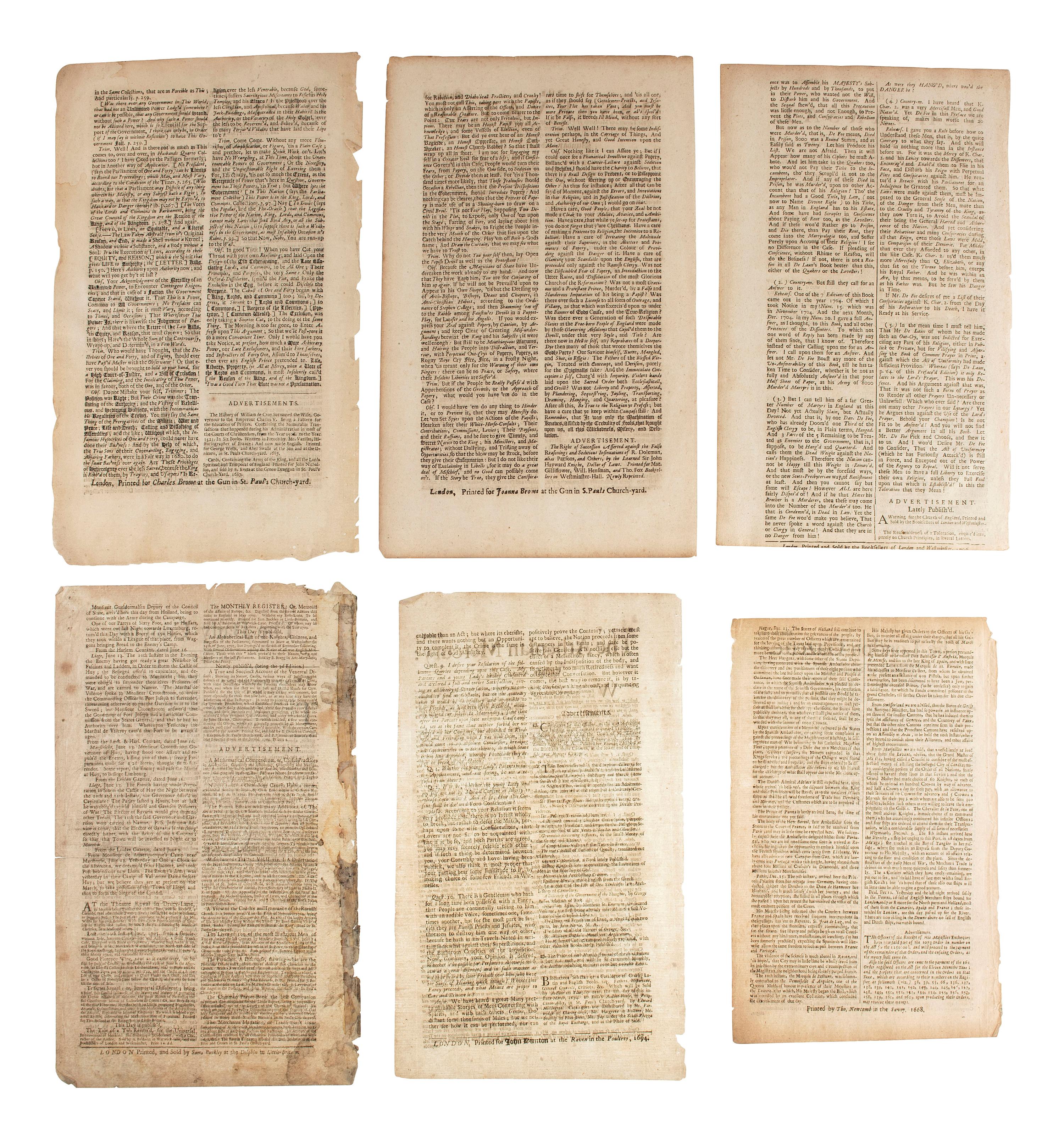 [NEWSPAPERS] -- [ENGLAND]. A group of 18 late 17th-early 18th century newspapers published in London, incl. The London Gazette, The Observator, The Daily Courant , and T he Rehearsal .