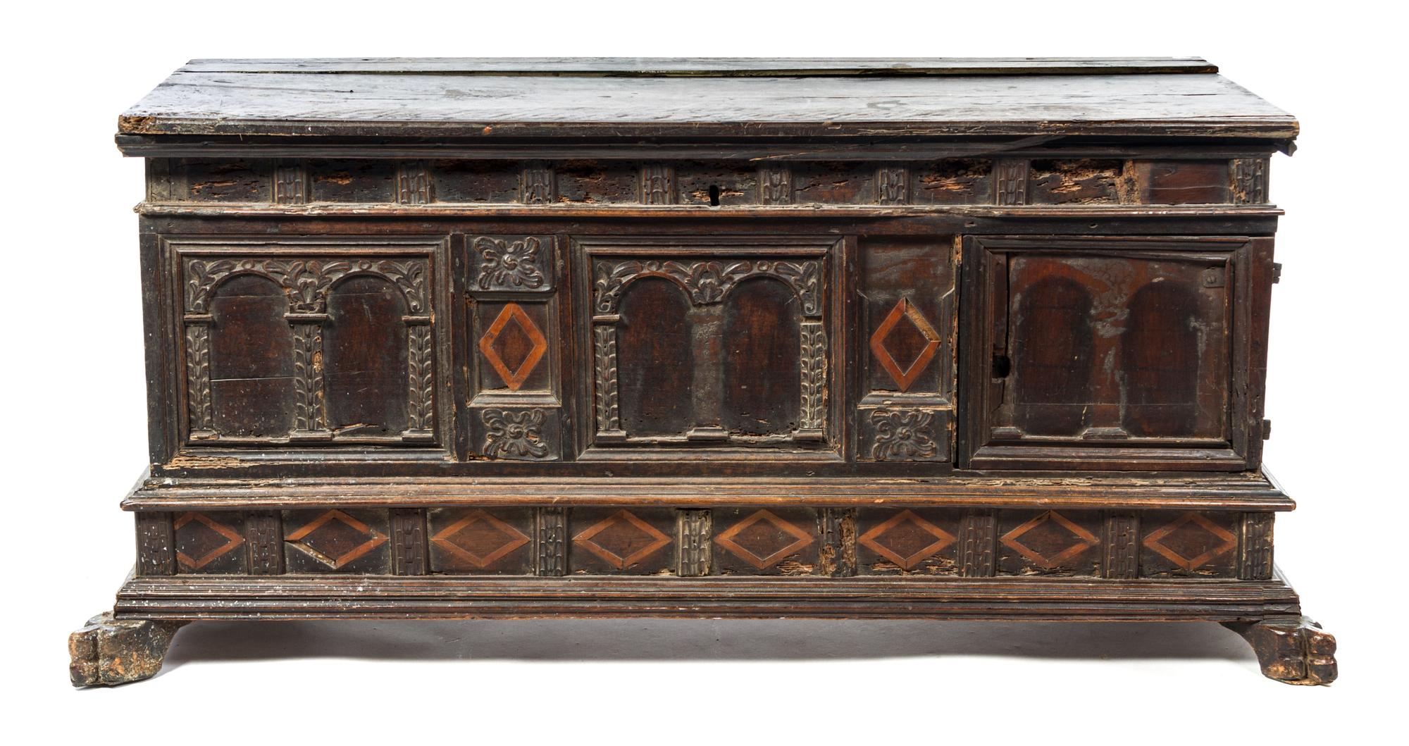 An Italian Oak Cassone Height 25 1/2 x width 52 x depth 21 1/2 inches. — 17TH CENTURY