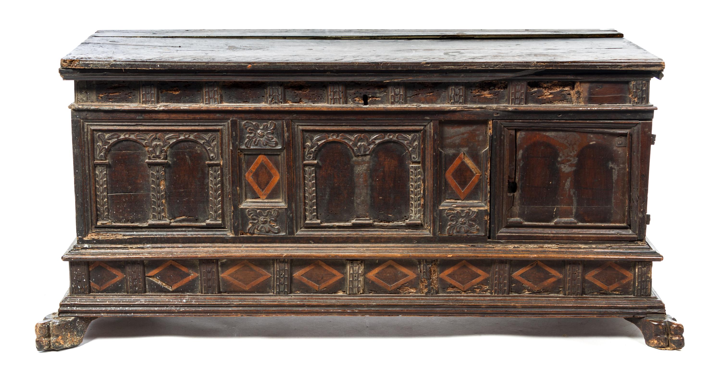 An Italian Oak Cassone Height 25 1/2 x width 52 x depth 21 1/2 inches. — 17TH CENTURY