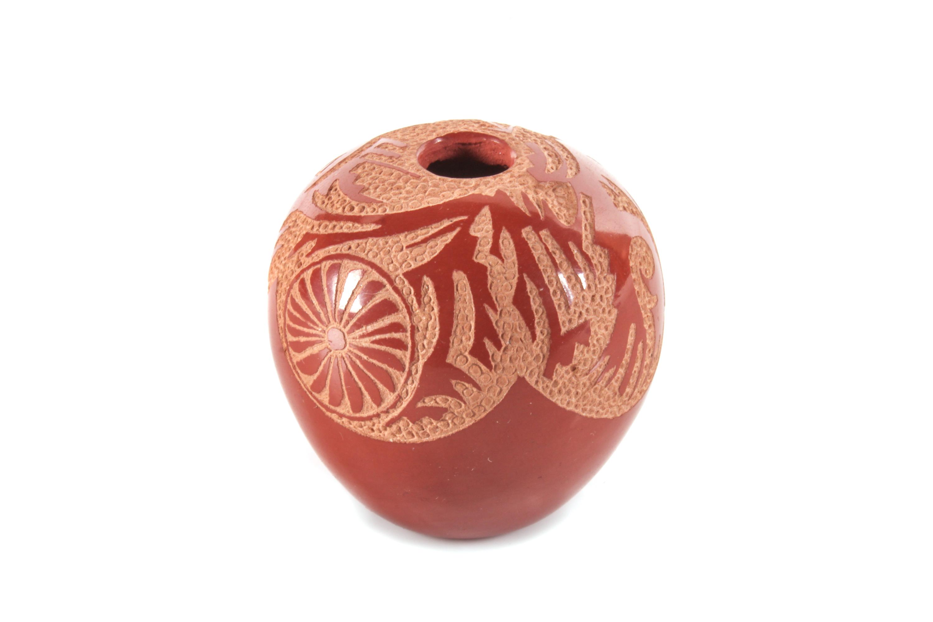 Grace Medicine Flower (Santa Clara, b. 1938) Miniature Redware Seed Jar Height 1 1/2 x diameter 1 1/2 inches