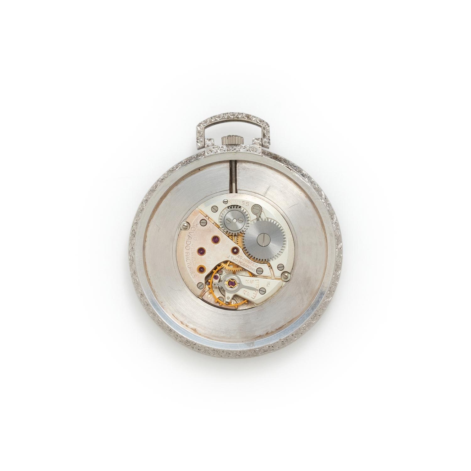 BUCCELLATI, 18K WHITE GOLD OPEN FACE POCKET WATCH AND FOB CHAIN