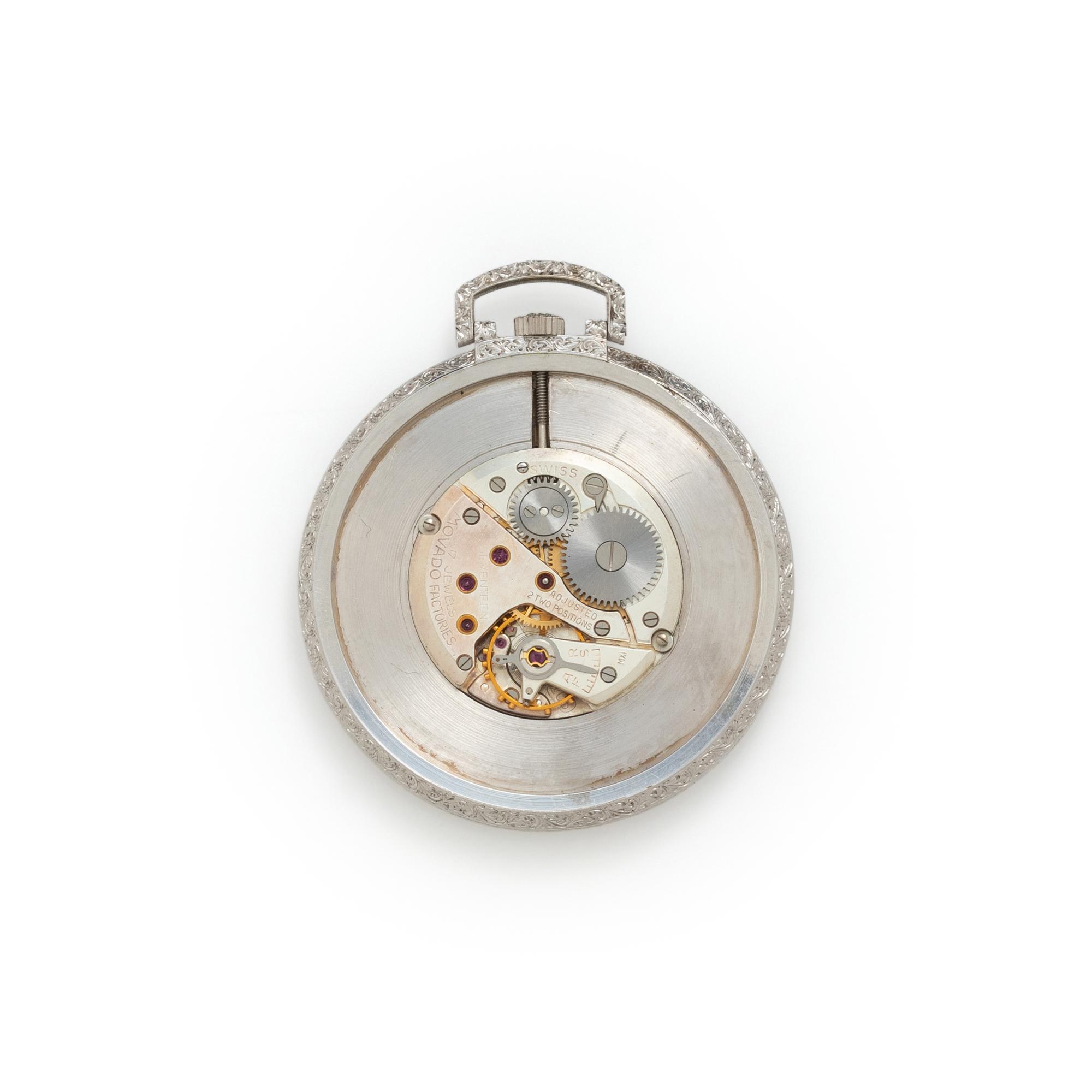 BUCCELLATI, 18K WHITE GOLD OPEN FACE POCKET WATCH AND FOB CHAIN