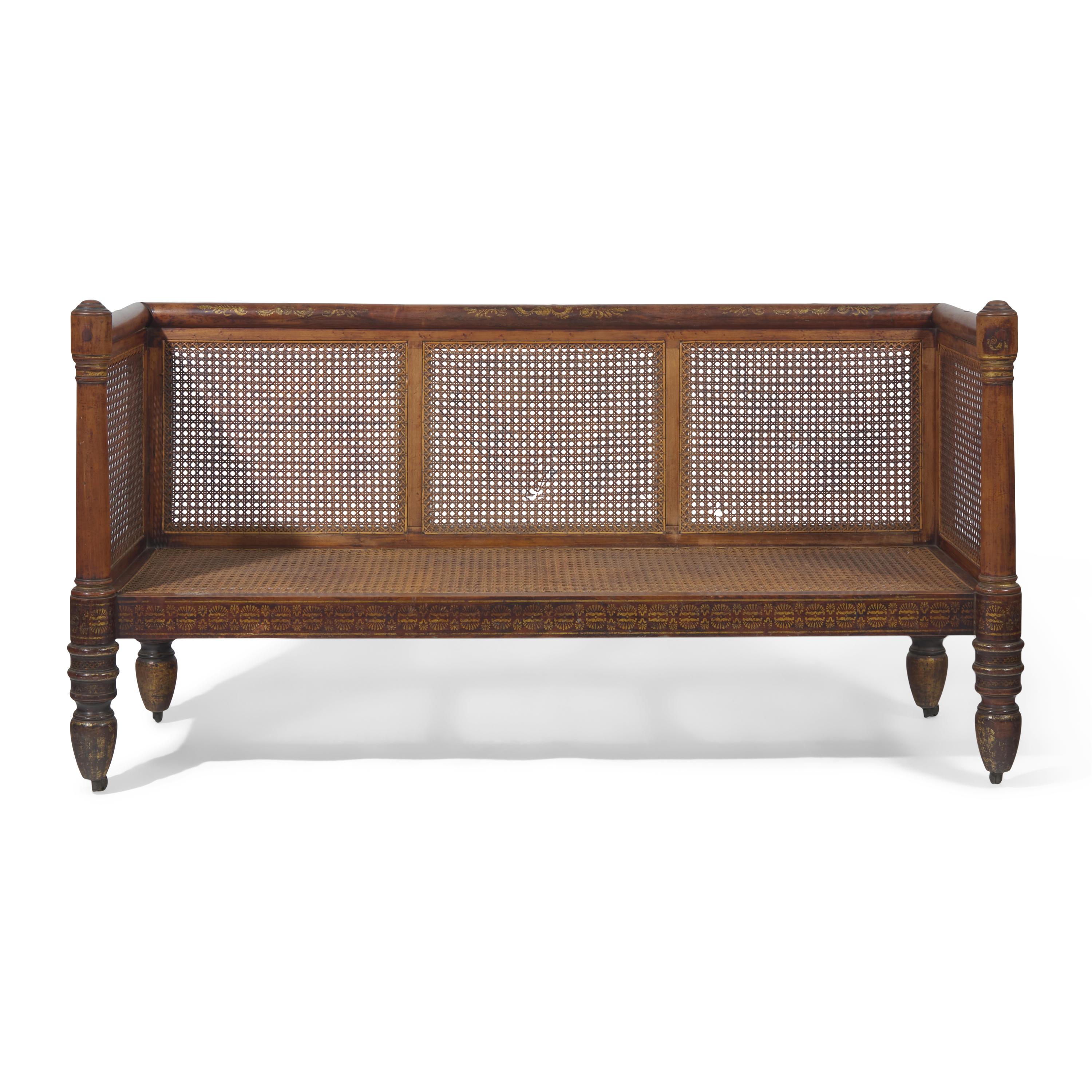 A Rare Classical Gilt-Stenciled and Faux Rosewood Cane Upholstered Box Sofa