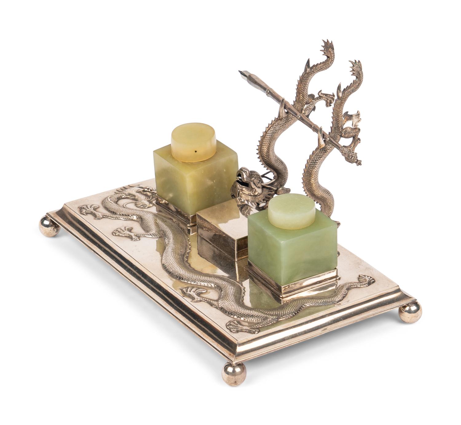 A Chinese Export Silver and Carved Hardstone Desk Set