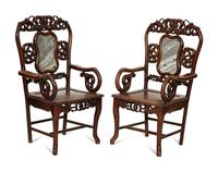 A Pair of Chinese Marble-Inset Hardwood Armchairs