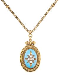 VICTORIAN, YELLOW GOLD, DIAMOND, PEARL AND ENAMEL NECKLACE