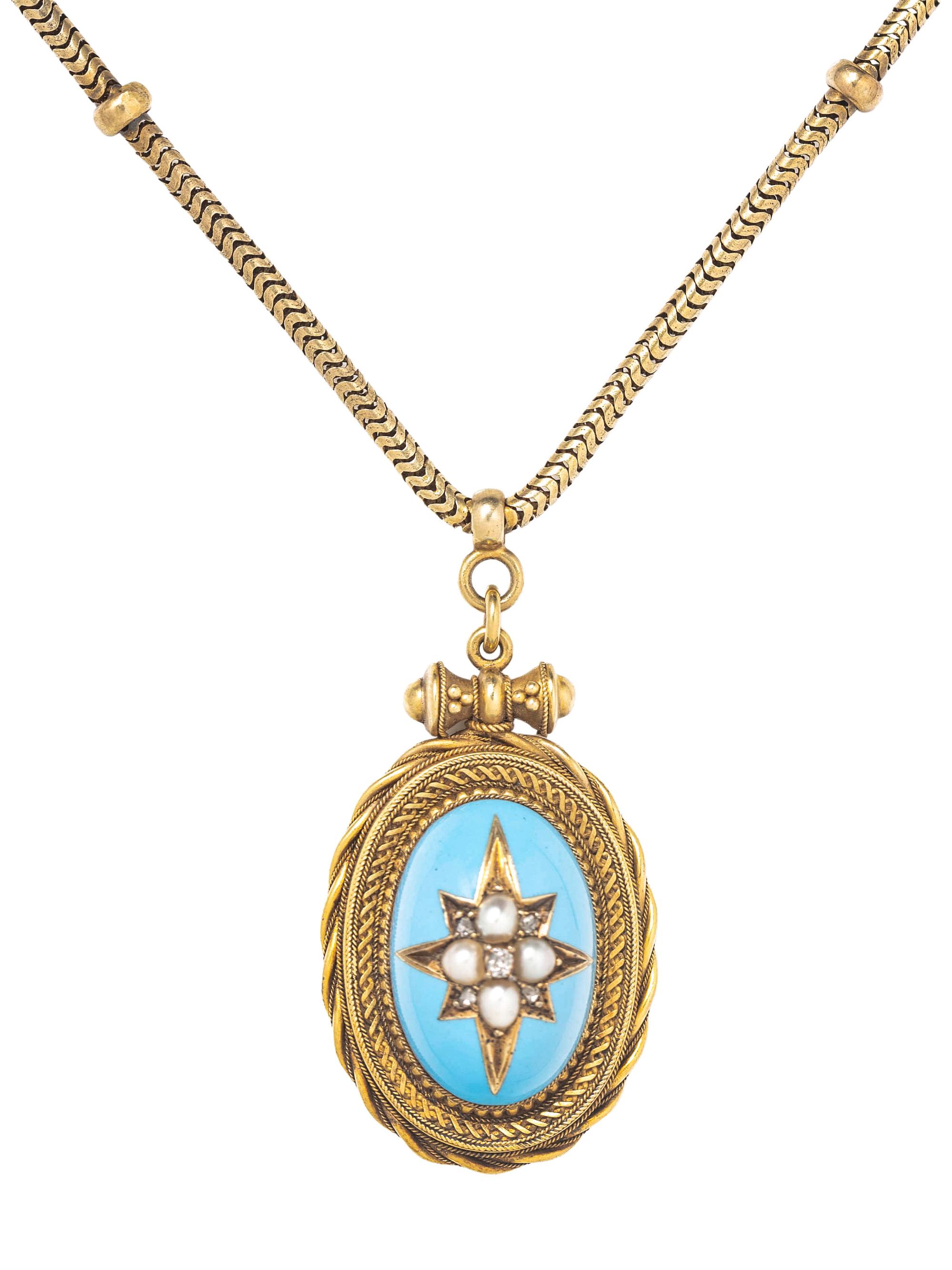 VICTORIAN, YELLOW GOLD, DIAMOND, PEARL AND ENAMEL NECKLACE