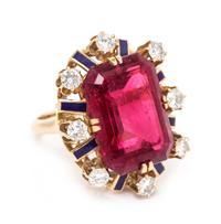 A 14 Karat Yellow Gold, Pink Tourmaline, Diamond and Enamel Ring, 10.00 dwts.