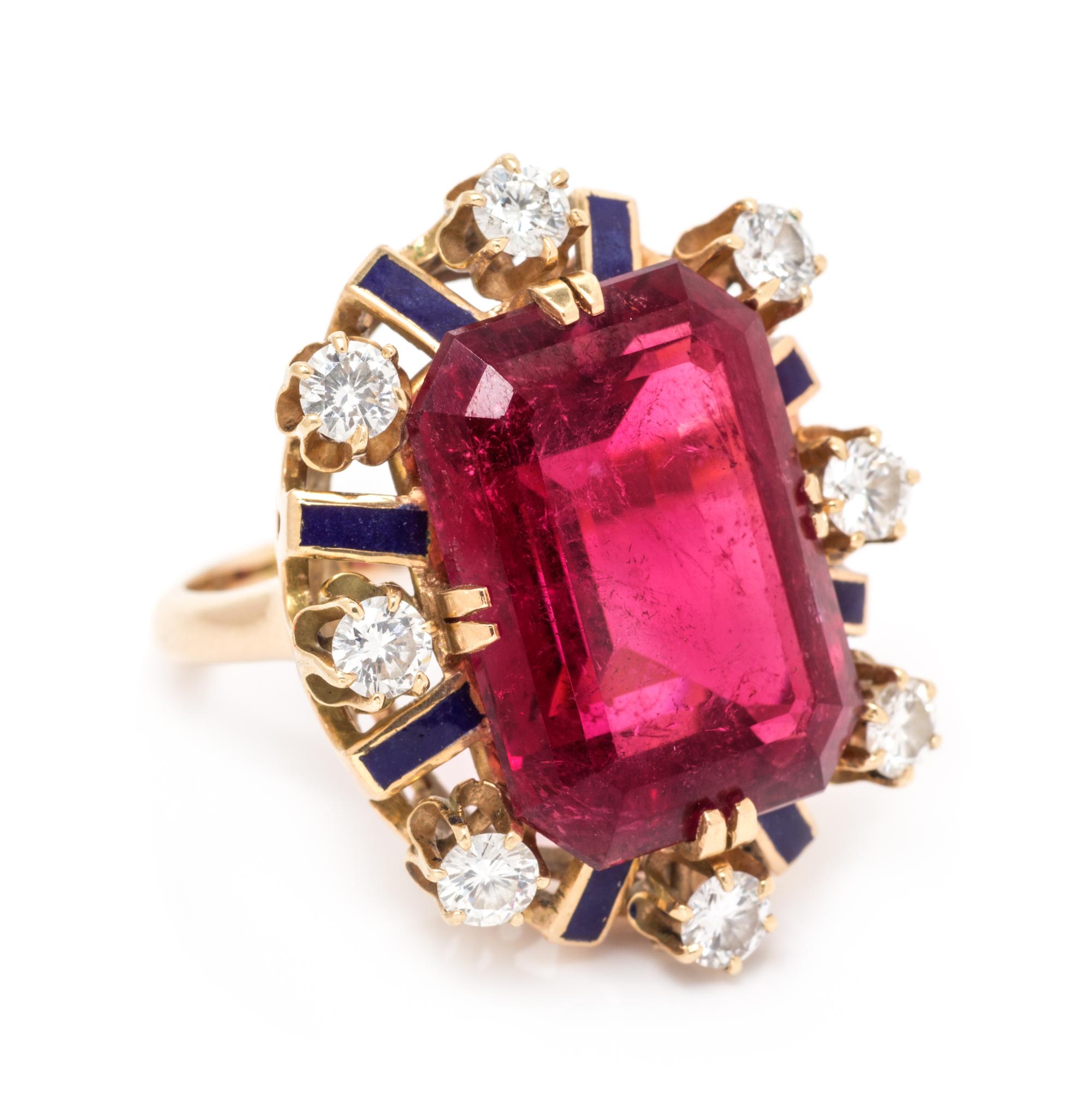 A 14 Karat Yellow Gold, Pink Tourmaline, Diamond and Enamel Ring, 10.00 dwts.