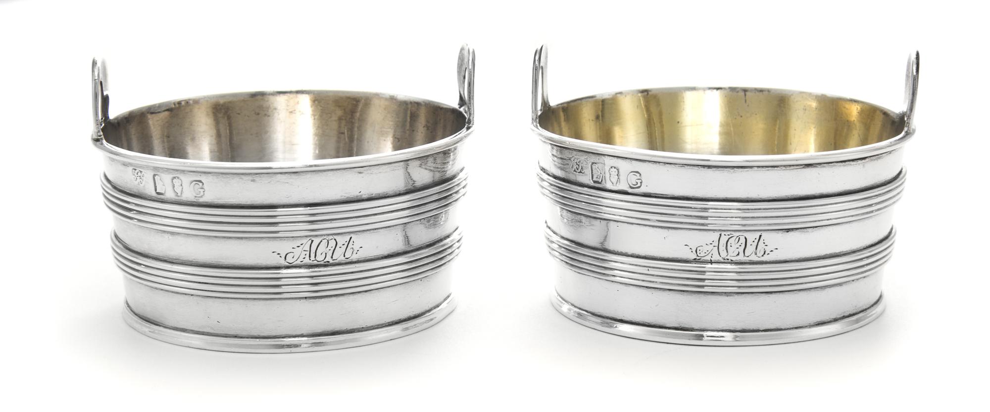 A Pair of Irish George III Silver Salts, Gustavus Byrne, Dublin, 1779, each in the form of a pail, the bodies with banded decoration.
